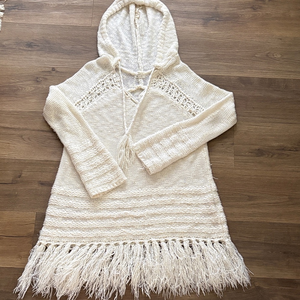 En Creme Cream Knit Hooded Fringe Sweater